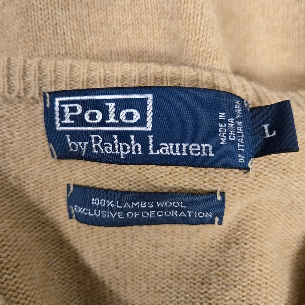 Polo Ralph‎ Lauren V-Neck Knit Sweater Tan 100% Lambswool Classic Men's Size L